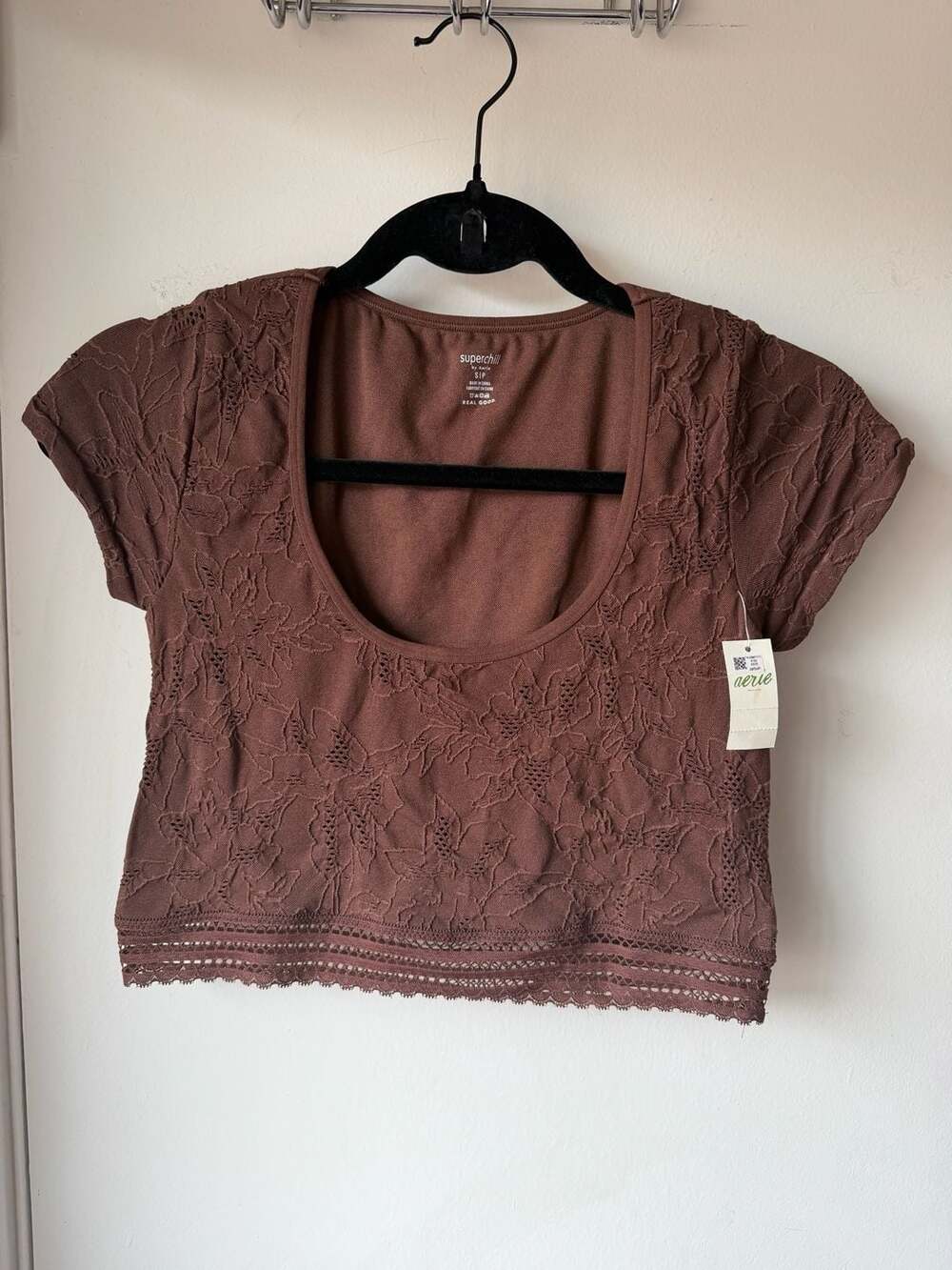 Aerie Superchill Crop Top Size S Brown Floral Texture Scoop Neck